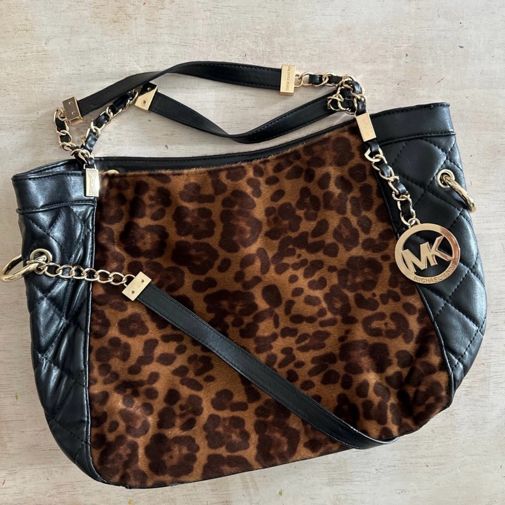 Michael Kors Black and Brown Leopard Shoulder Bag